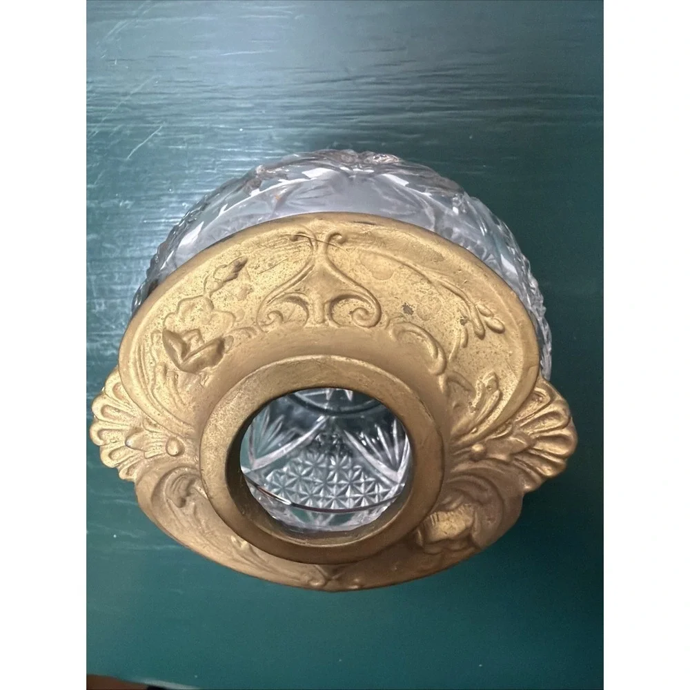 Art Nouveau Crystal Hair Receiver w/ Brass Tone Ornate Lid Edwardian Vintage